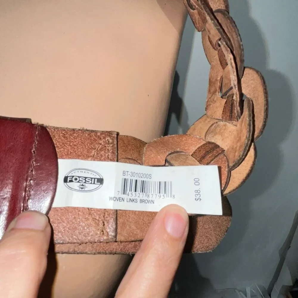 Fossil Women's Brown Leather Chain Woven Links Tooled Western Belt Size 32